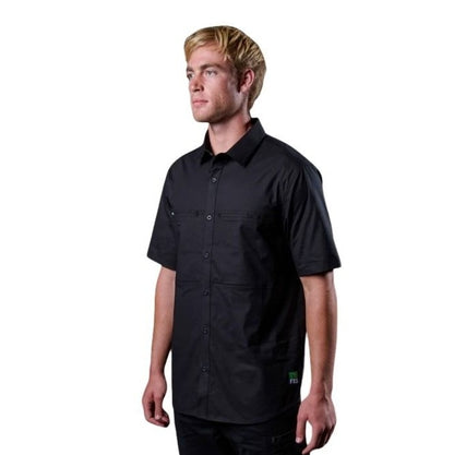 Man wearing a black short-sleeve shirt on a white background