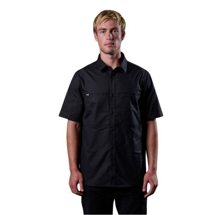 Man wearing a black short-sleeve shirt on a white background