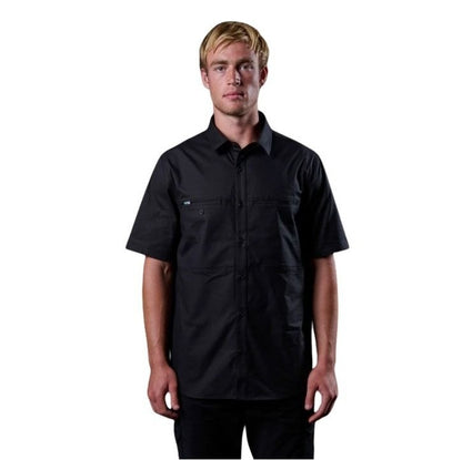 Man wearing a black short-sleeve shirt on a white background