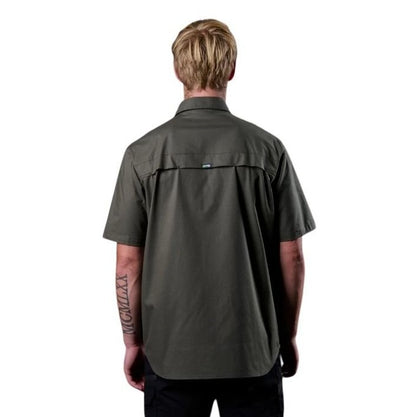 Person wearing a dark green short-sleeve shirt on a white background