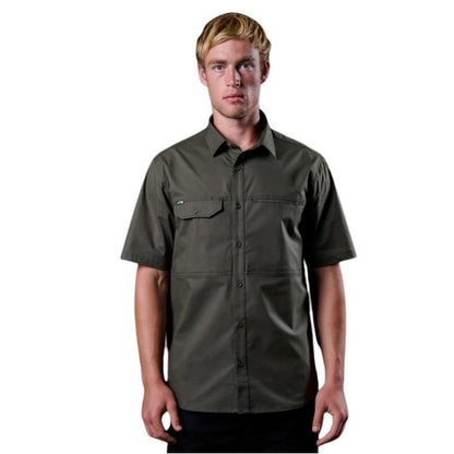 Man wearing a dark green short-sleeve shirt on a white background