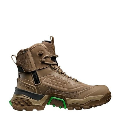 stone work boot with green accents on a white background