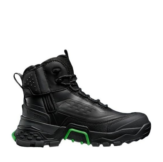 Black tactical boot with green accents on a white background