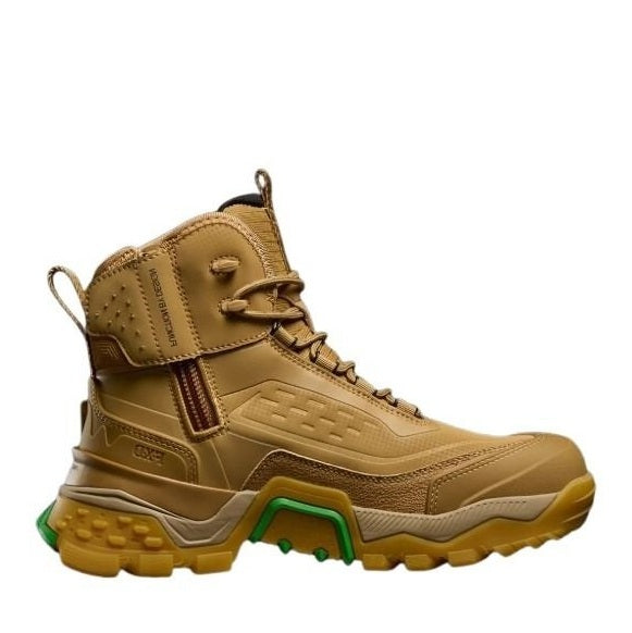 Tan tradie work boot with green sole on a white background