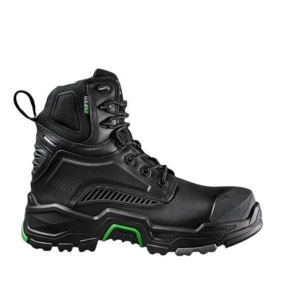 Black high-top boot with green accents on a white background