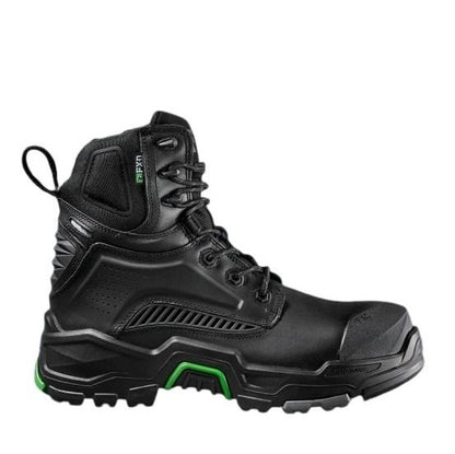 Black high-top boot with green accents on a white background