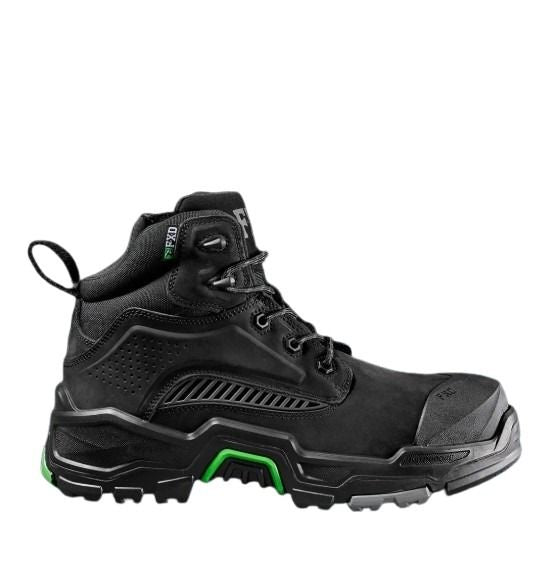 Black work boot with green accents on a white background
