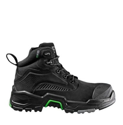 Black work boot with green accents on a white background