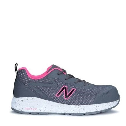 Gray running shoe with pink accents on a white background