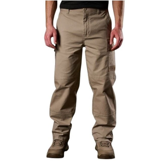Beige pants worn by a person on a white background