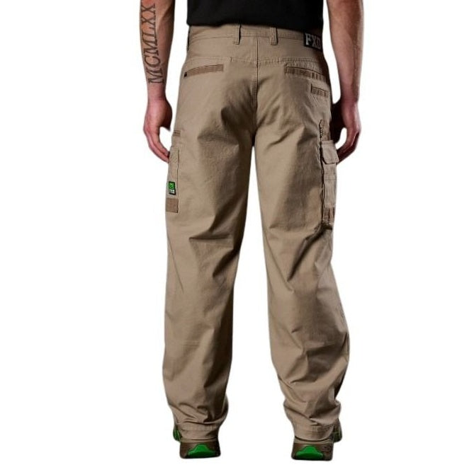 Beige cargo pants worn by a person on a white background