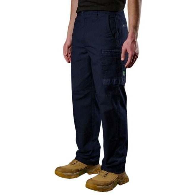 Navy cargo pants worn by a person on a white background