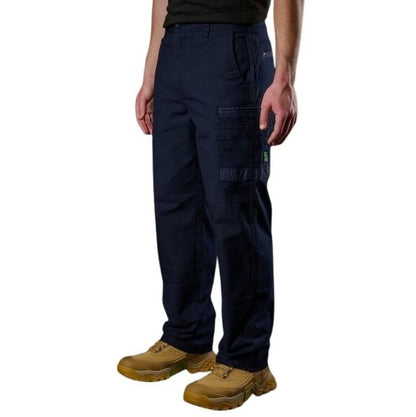 Navy cargo pants worn by a person on a white background