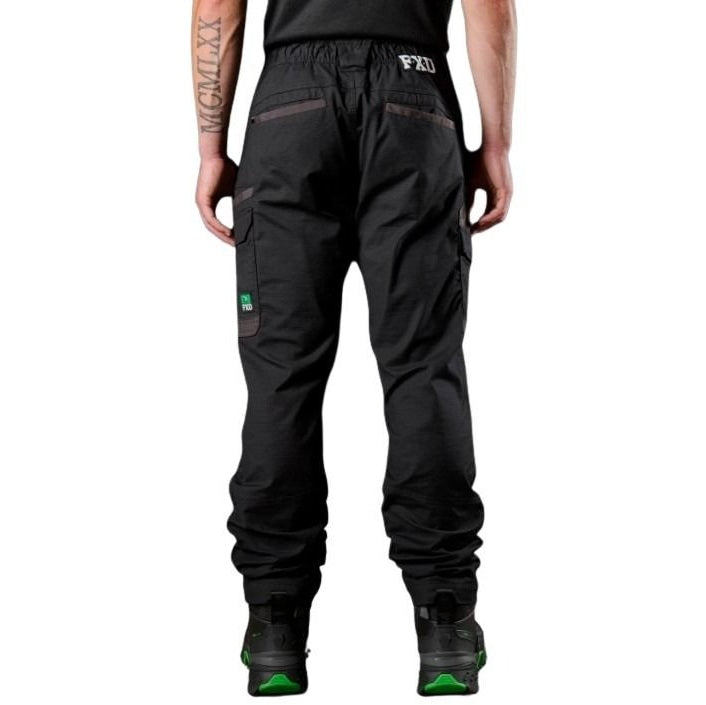 Black cargo pants with visible branding on a white background