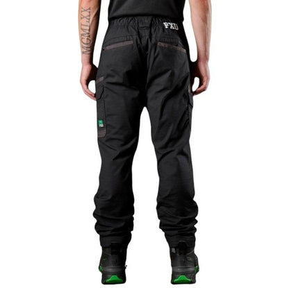 Black cargo pants with visible branding on a white background