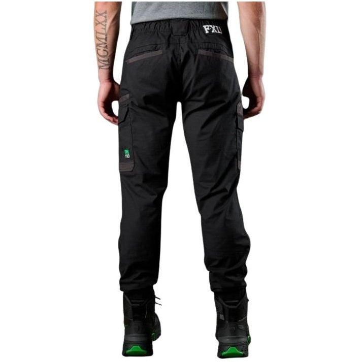 Black cargo pants with FXF branding on a white background
