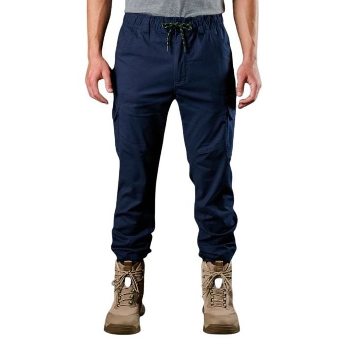 Navy blue pants worn by a person on a white background