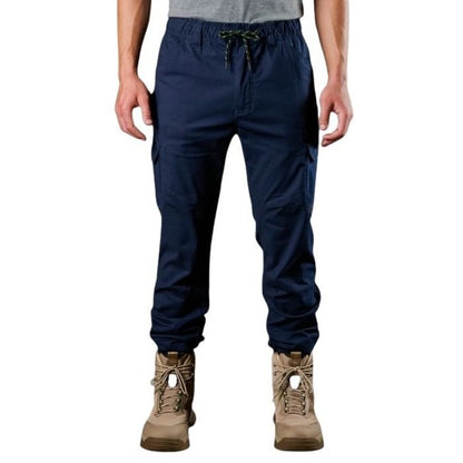 Navy blue pants worn by a person on a white background