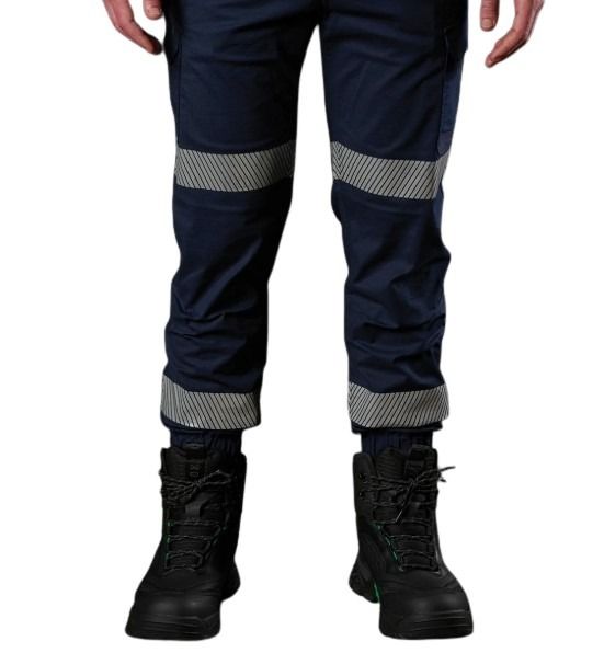 Navy work pants with reflective stripes worn by a person on a white background