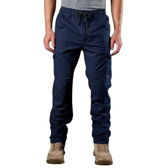 Navy blue pants worn by a person on a white background