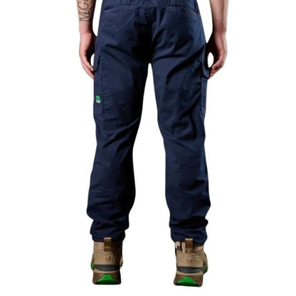 Navy blue cargo pants worn by a person on a white background