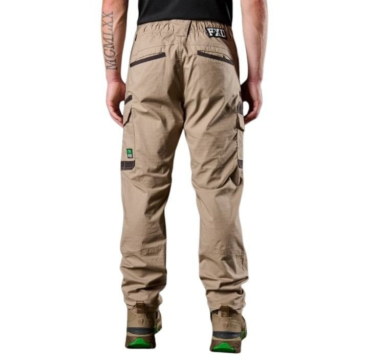 Beige pants with brand logo on a white background