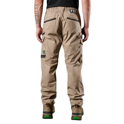 Beige pants with brand logo on a white background
