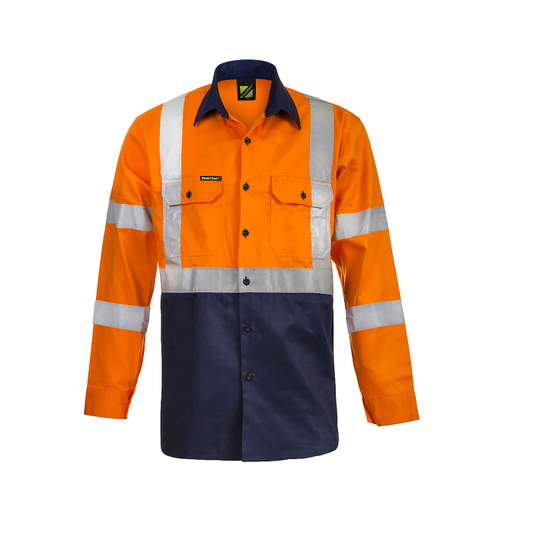 Long sleeve Workcraft WS6020 Hi Vis two-tone cotton drill shirt with reflective tape, orange and navy color.