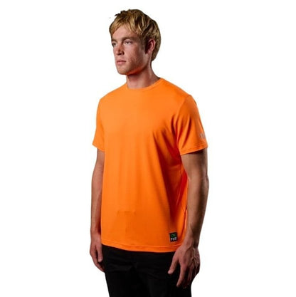 Person wearing an orange t-shirt on a white background