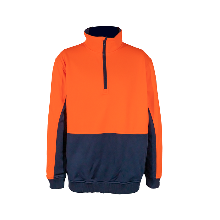 Orange and navy pullover work jumper with a quarter zip on a white background