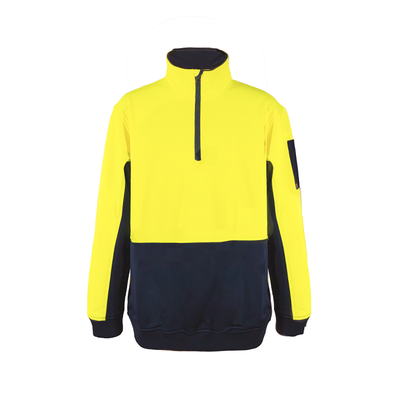 A yellow and navy high-visibility 1/2 zip pullover with a pen pocket on the left sleeve, knitted ribbed cuffs & hem, and side pockets. wt8012 Yellow