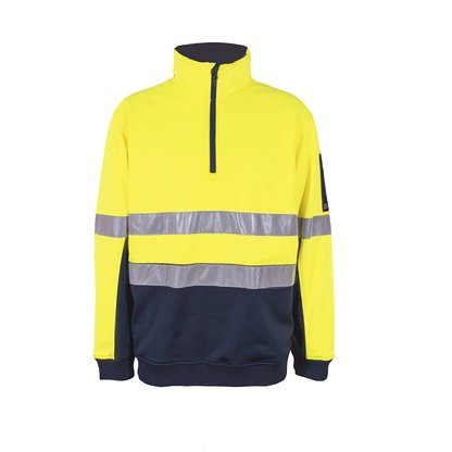Yellow and navy high-visibility work jumper with reflective stripes on a white background