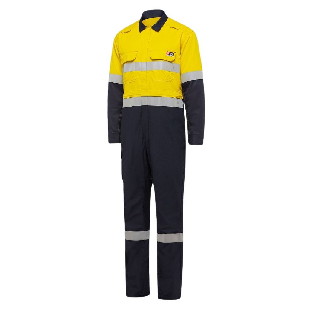 Yellow and navy work jumpsuit with reflective stripes on a white background