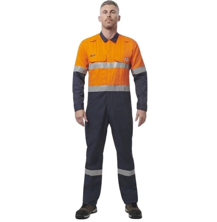 Person wearing an orange and navy high-visibility work jumpsuit on a white background