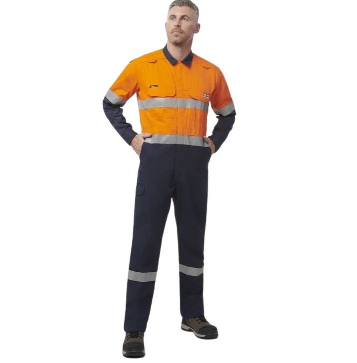 Person wearing an orange and navy work jumpsuit with reflective stripes on a white background