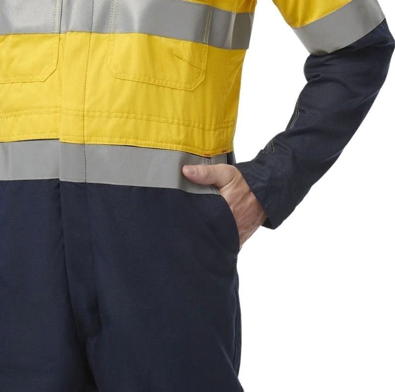 Person wearing a high-visibility safety jacket with yellow, gray, and navy colors on a white background.