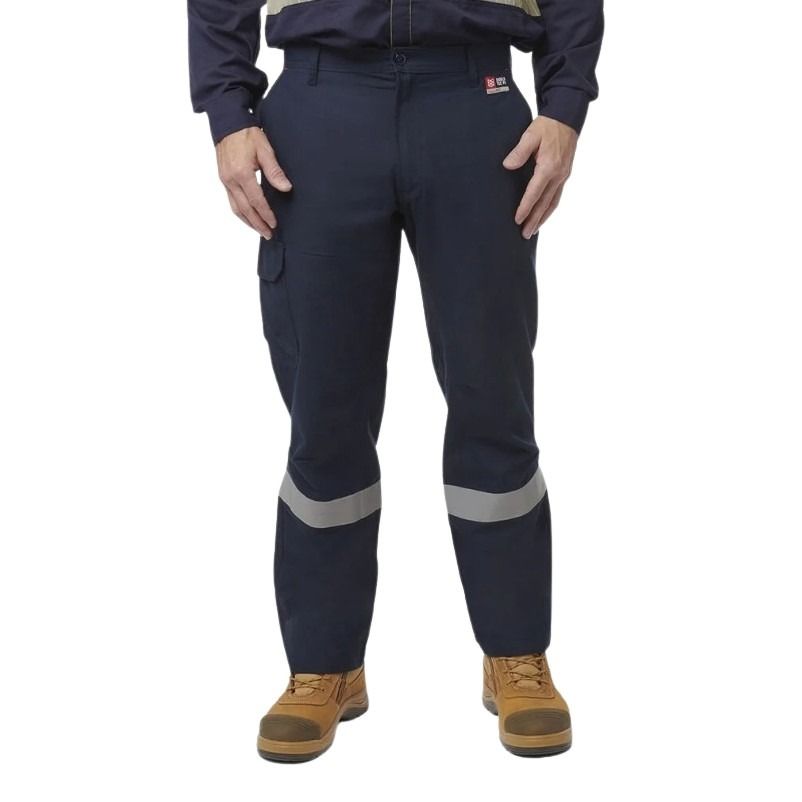Navy work pants with reflective stripes worn by a person on a white background