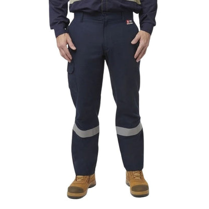 Navy work pants with reflective stripes worn by a person on a white background