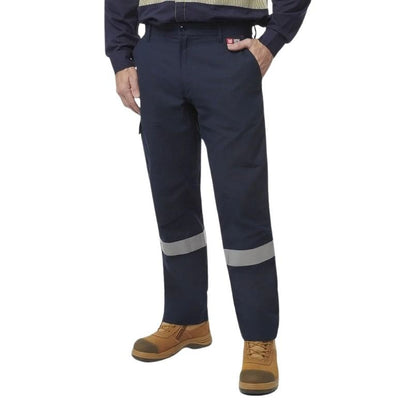 Navy work pants with reflective stripes worn by a person on a white background