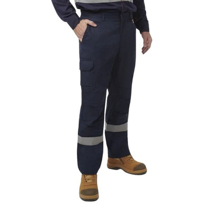 Navy work pants with reflective stripes worn by a person on a white background