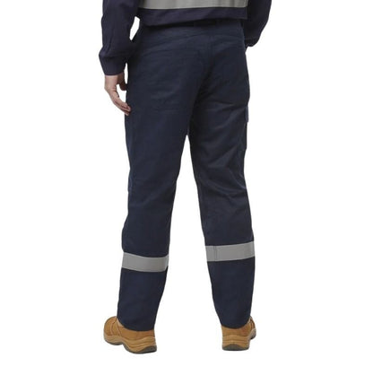Navy work pants with reflective stripes worn by a person on a white background