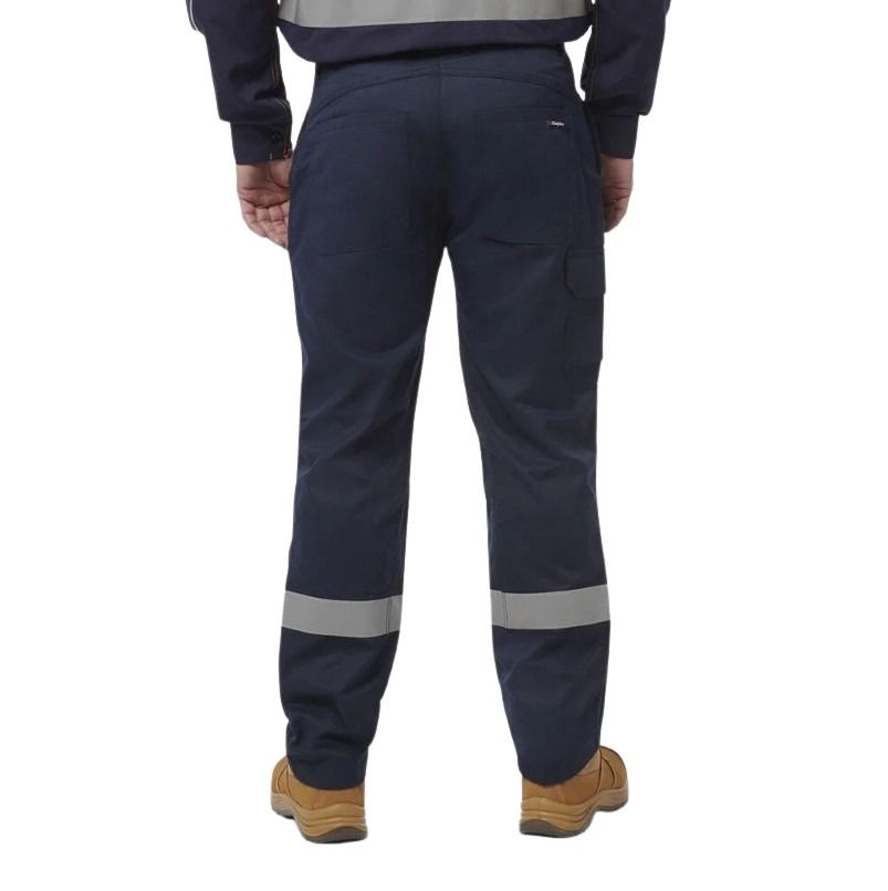 Navy work pants with reflective stripes on a white background