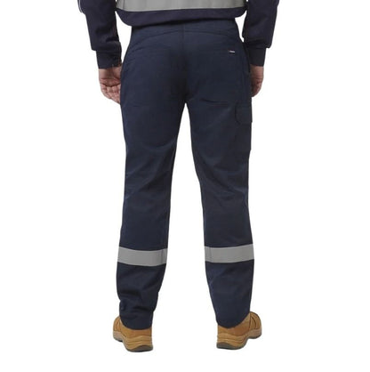 Navy work pants with reflective stripes on a white background