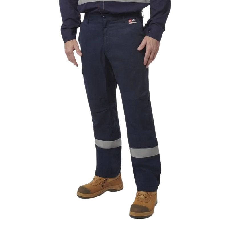 Navy work pants with reflective stripes worn by a person on a white background
