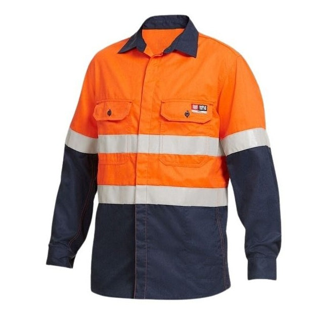 Orange and navy high-visibility work shirt on a white background