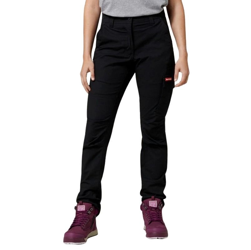 Person wearing black pants with a visible brand logo on a white background