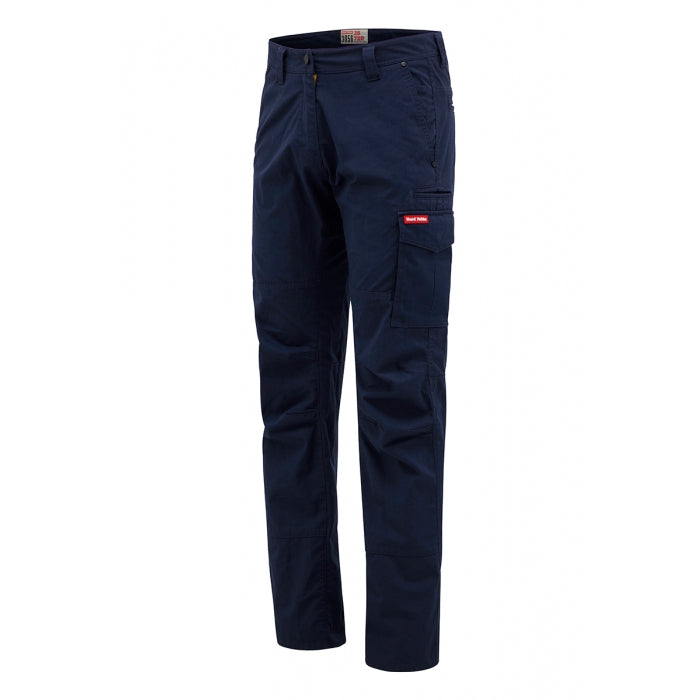 A pair of navy blue Hard Yakka women's ripstop cargo pants with multiple pockets.