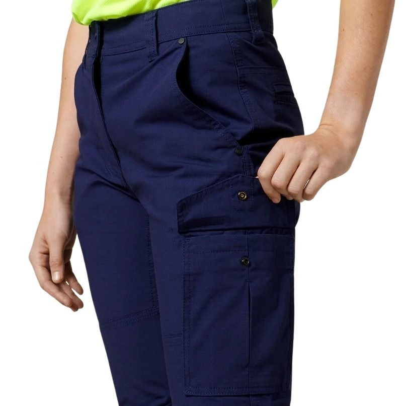 Navy blue pants with a visible brand logo on a white background