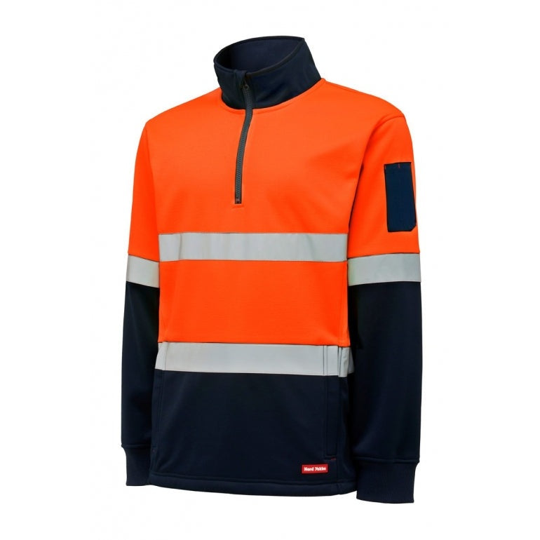 Orange and navy high-visibility work shirt with reflective stripes on a white background