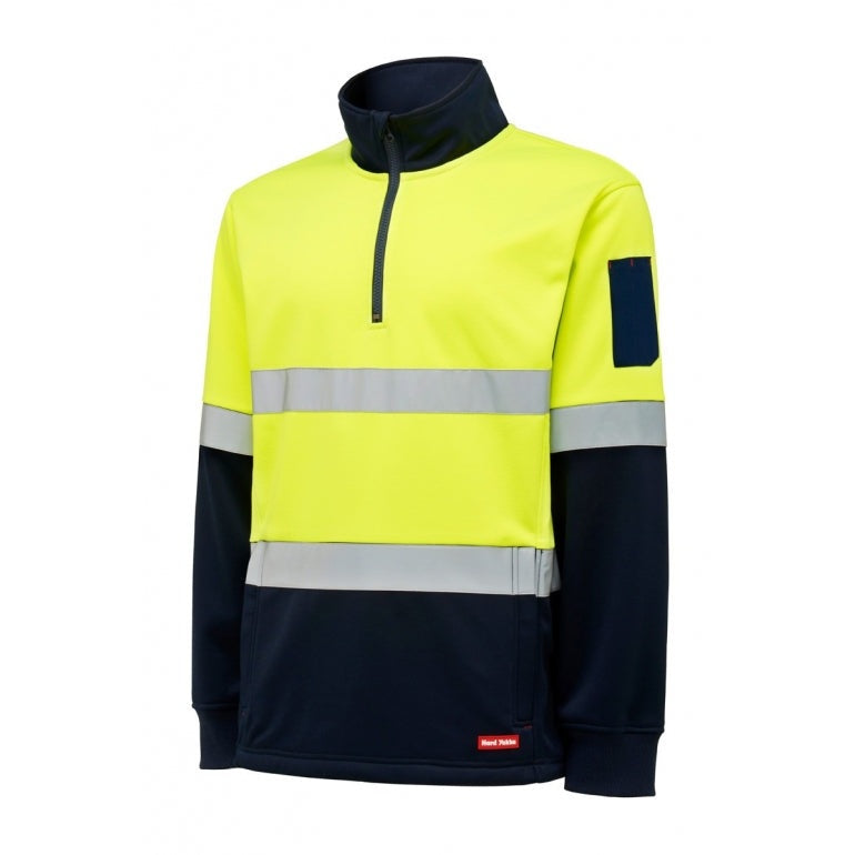 High-visibility safety jacket with reflective stripes on a white background